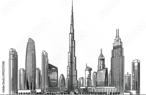 Dubai city skyline sketch featuring Burj Khalifa and skyscrapers in detailed black and white line art vector illustration.