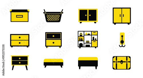 Set of 10 furniture icons vector, yellow and black