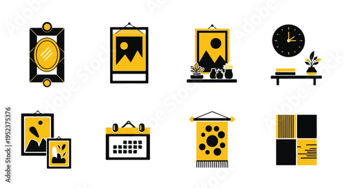 Set of 8 yellow and black office icons vector
