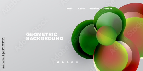 Abstract design features overlapping circles, gradients. Minimalist aesthetic with text elements for navigation, contact info.