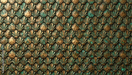 Textured Background of Ornate Bronze and Green Scales image photo