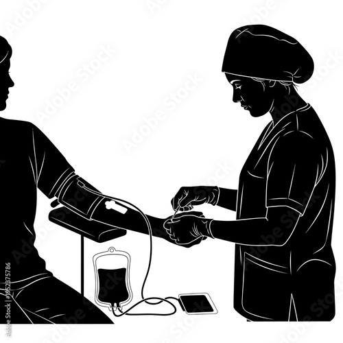 Nurse preparing intravenous blood transfusion.