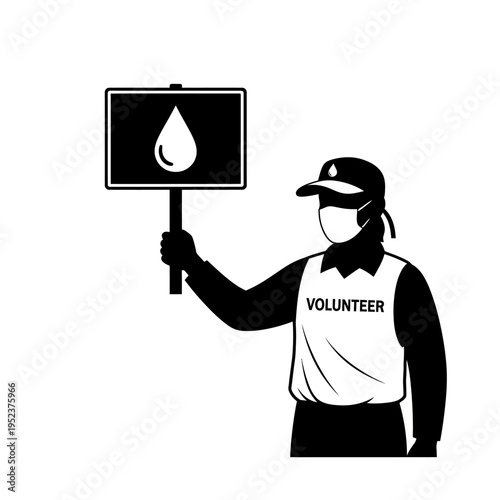 Volunteer holding water sign outdoors.