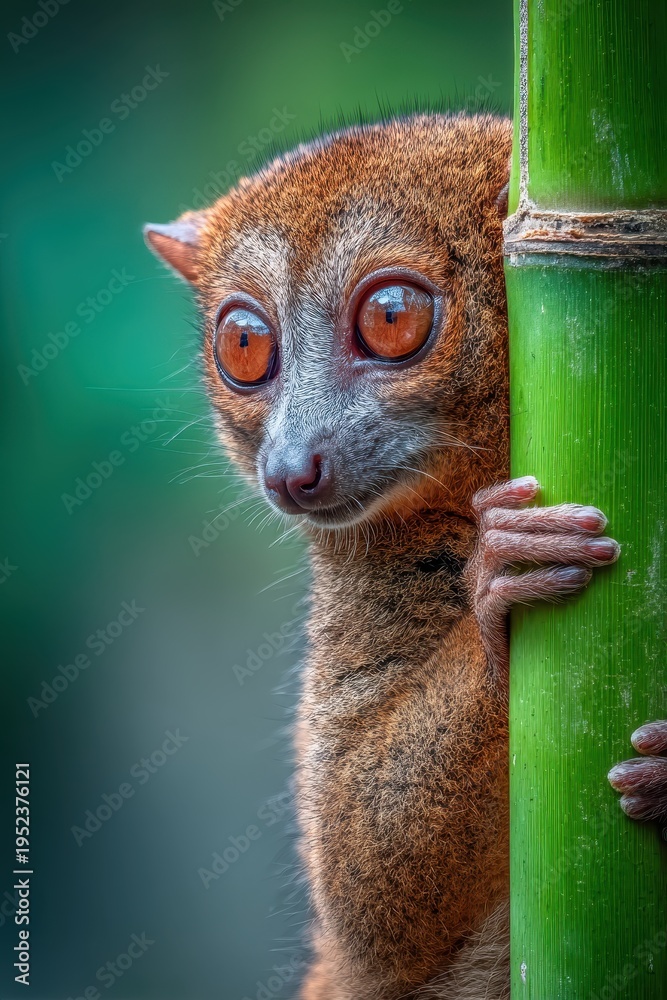 Fototapeta premium Lemur hiding behind a green bamboo shoot 