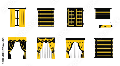 Set of 8 window curtain and blind illustrations vector