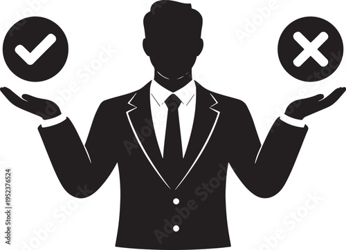 
Businessman choosing between correct and wrong options, decision making concept silhouette