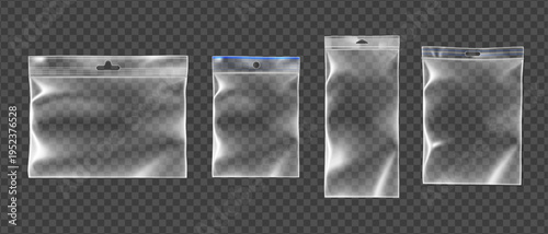 Transparent plastic bag mockup with zipper closure, realistic vector isolated on background. Clear vinyl pouch template for food storage, glossy material and resealable seal, pvc package top view