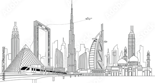 Dubai city skyline with colorful skyscrapers and famous landmarks for United Arab Emirates travel and tourism vector.