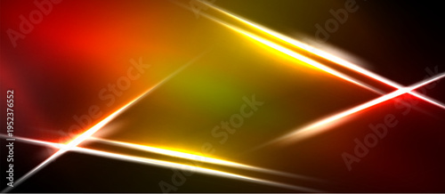 Abstract background features vibrant orange, yellow, red gradients. White lines intersect creating dynamic visual effect. Dark borders frame composition.