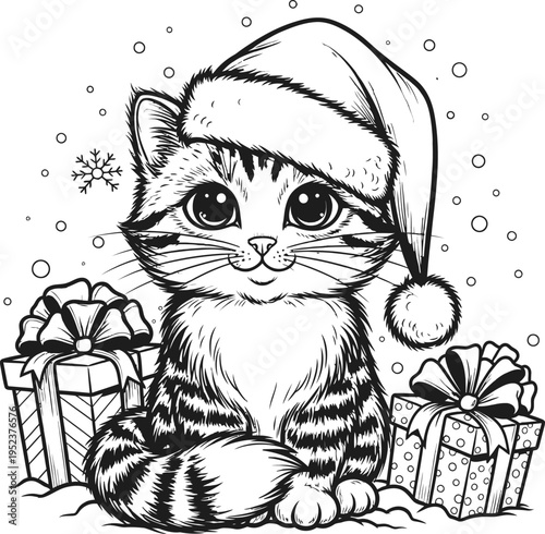 A cute kitten wearing a santa hat sitting with christmas presents