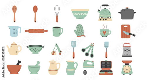 Collection of kitchen utensils and cookware culinary tools illustration