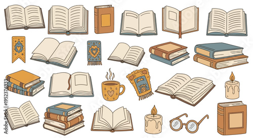 Collection of hand drawn books candle coffee cup and eyeglasses illustrations