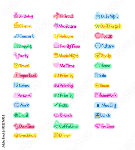 Cute labeled tags for events and tasks hand drawn line sticker pack. Study work. Digital planning clip arts in doodle style. Colorful planner icons labels. Bullet journal die cut elements kit