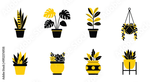 Set of 8 yellow and black potted houseplants vector icons