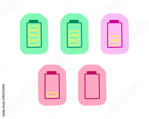Cute battery level status hand drawn line sticker pack. From full charge to empty capacity. Digital planning clip arts in doodle style. Colorful planner icons. Bullet journal die cut elements kit