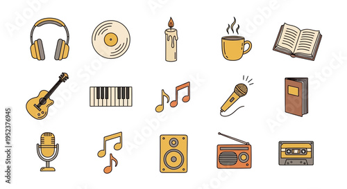 Collection of musical and entertainment icons in a retro style illustration