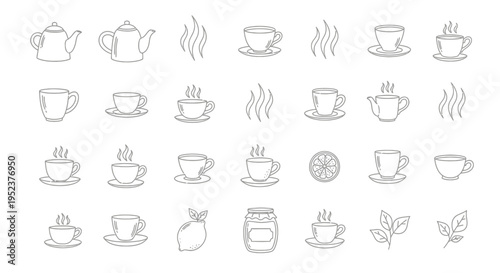 Collection of tea related icons teapots cups steam lemon leaves