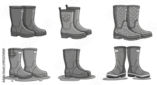 Collection of rubber boots various designs in black and white for outdoors