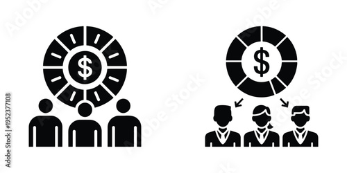 Icons symbolizing financial investment and team collaboration, with a pie chart representing profit distribution among business people.