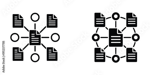 Vector icons depicting document sharing and network connections with circular nodes, symbolizing information exchange and collaboration.
