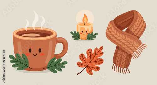 Cozy autumn scene cup of coffee candle scarf and leaf illustration