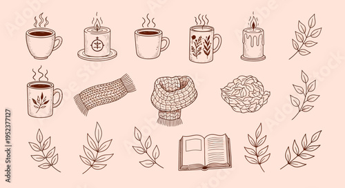 Cozy autumn illustration cups candles scarves and leaves in warm tones
