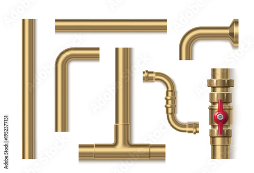 Industrial golden metal pipeline with realistic red screw, bends and valves. 3D realistic vector set of plumbing tube system with chrome connections and brass fittings for water or gas flow