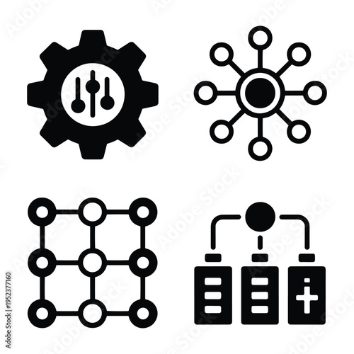 Collection of four black and white icons depicting gears, networks, and data processing for industrial and technological concepts.