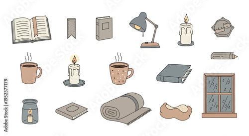 Cozy home illustration set books candles coffee and comfort elements
