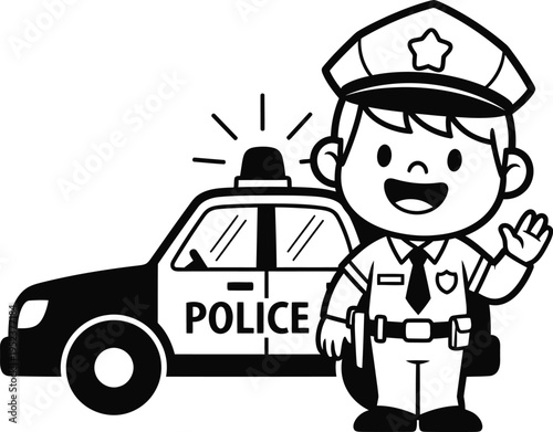 A cartoon police officer standing next to a police car