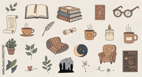 Cozy illustration set books coffee glasses candle plants armchair