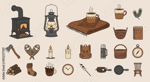 Cozy home illustration stove lantern mugs blanket and accessories