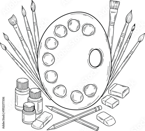 Painter's palette with brushes and art supplies