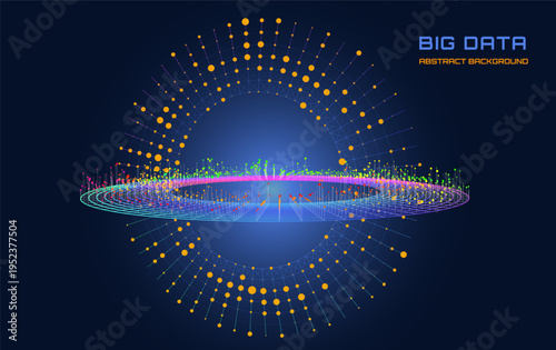 Abstract futuristic torus from noisy grid connecting points  glowing in dark. Big Data. Concept visualization for technology, science and computing.