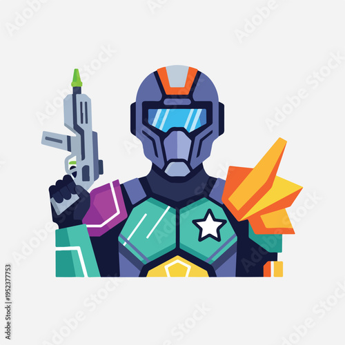 Cartoon character in space suit holding gun.