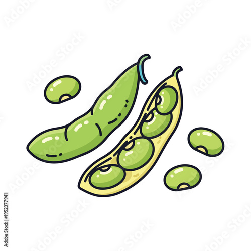 Green soybeans in pods illustration.