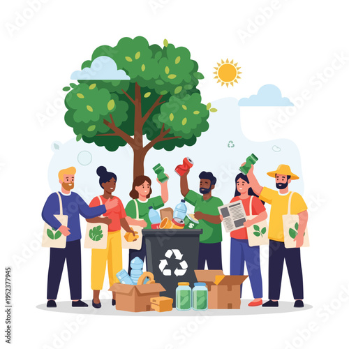 Diverse people recycling together outdoors.