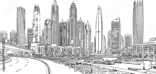 Dubai Marina skyline vector illustration featuring luxury yachts modern skyscrapers and urban highway in detailed black line art.