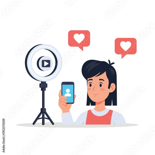 Young Woman Recording Video with Ring Light and Smartphone.