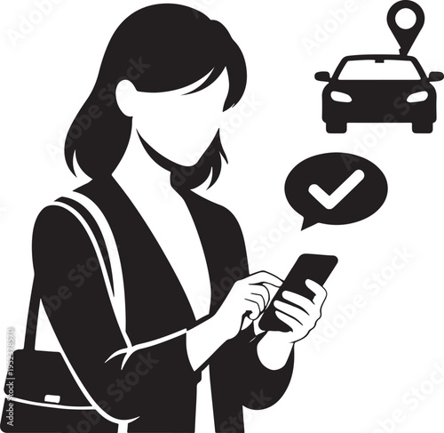 Woman using mobile phone for taxi booking silhouette, transportation app concept