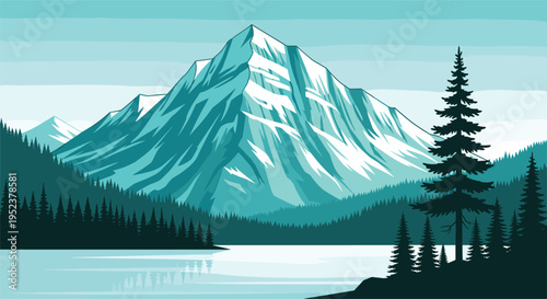 Mountain landscape vector illustration, alpine lake and pine forest scene, nature scenery design, snowy peak background, outdoor travel adventure artwork