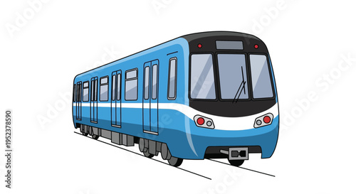 Cartoon illustration of a modern blue subway train on tracks