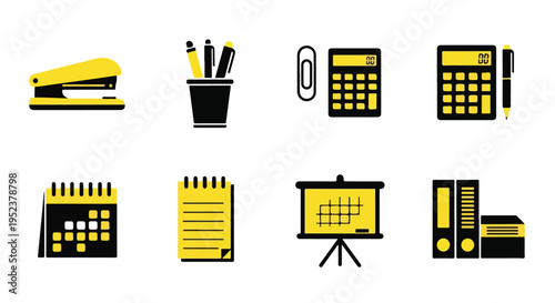 Set of 8 office icons vector, business symbols