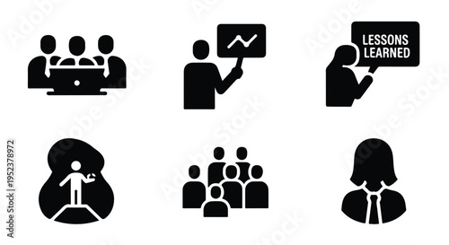 Set of 6 black business meeting and presentation vector icons for corporate communication