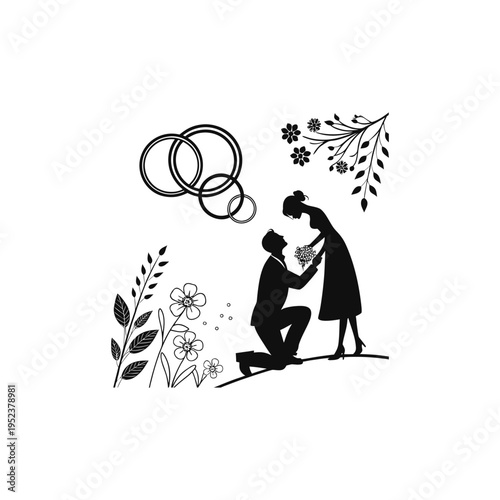 A romantic silhouette illustration of a man proposing marriage to a woman in a floral garden