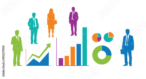 Business professionals and data visualizations illustrate growth and success