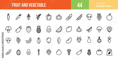 Extensive Fruit and Vegetable Vector Icon Set Featuring Organic Produce, Raw Vegan Ingredients, Fresh Harvest Crops, and Healthy Nutritional Dietary Elements for UI Design