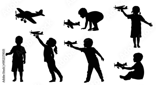 Children Silhouettes Playing with Toy Airplanes, Imagination, Childhood Dreams, Outdoor Fun