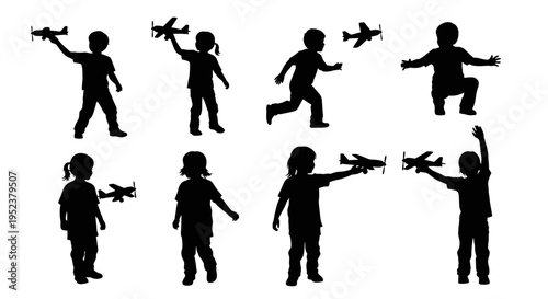 Children Silhouettes Playing With Toy Airplanes, Outdoor Fun, Childhood Imagination