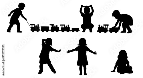 Children Silhouettes Playing with Toy Train and Dancing